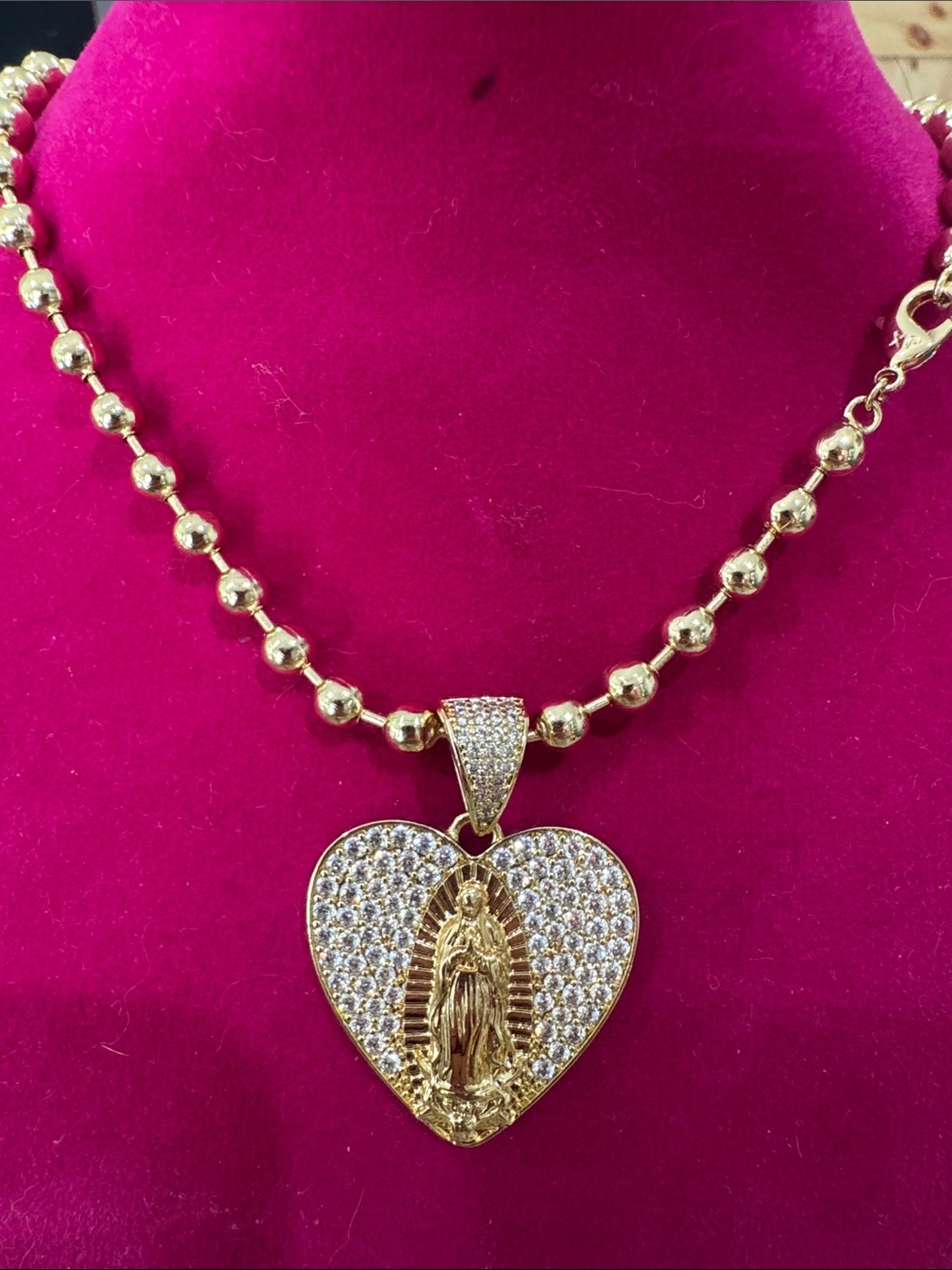 Gold Heart Pendant Necklace with Crystal Virgin Mary Medallion